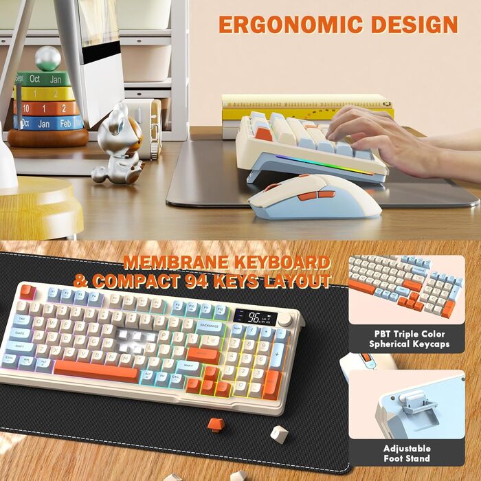 Бездротова клавіатура та миша FREEWOLF T96 з Bluetooth/2.4G, PBT-клавіші, дисплеєм, тихими клавішами, Anti-Ghosting, QWERTY (Heidelbeere)