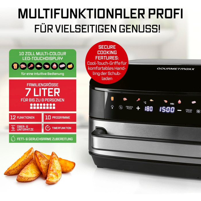 Фритюрниця повітряна GOURMETmaxx AirGenius, 9 л (2 x 4,5 л) з 8 програмами | 2 камери для одночасного приготування | Сенсорний дисплей, для 8 осіб