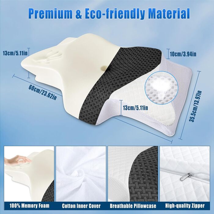 Подушка для шиї SAHEYER з Memory Foam, ортопедична, ергономічна, для тих, хто спить на боці, 60 x 35.5 x 10/13 см (Сіра)