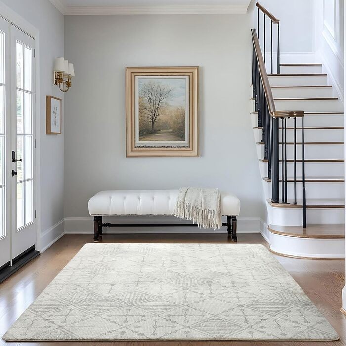 Килим Leesentec для вітальні, спальні: геометричний, сучасний, антиковзаючий, короткий ворс, бежевий, великий, білий (слонова кістка, 80*120 см), кремовий/світло-сірий білий (160x200 см, прямокутний)