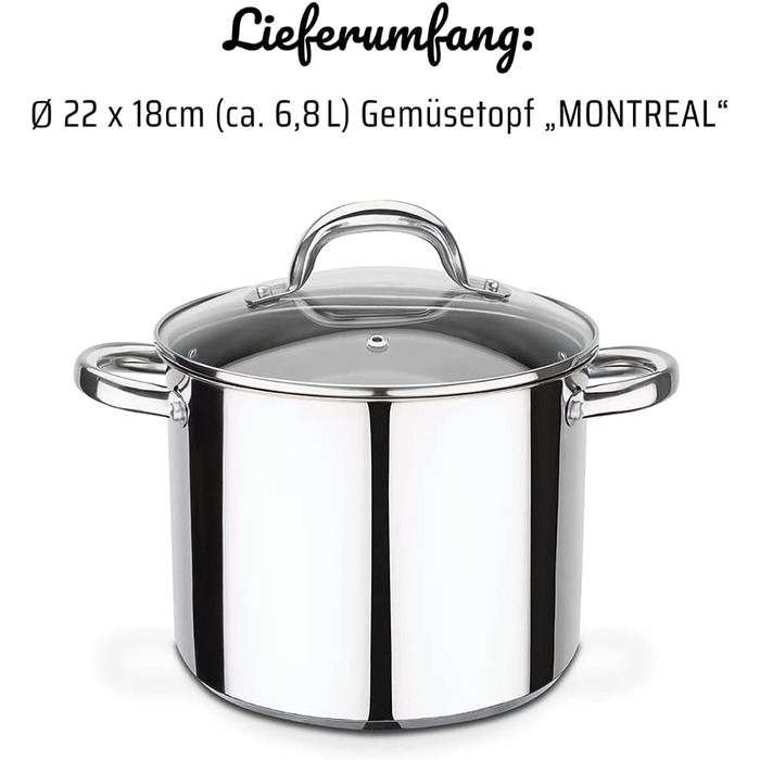 Каструля для овочів GSW 990264 Montreal з кришкою, ручки з холодної сталі, підходить для індукції та духовки, нержавіюча сталь, діаметр 24 см, срібло / прозоре (22 см)