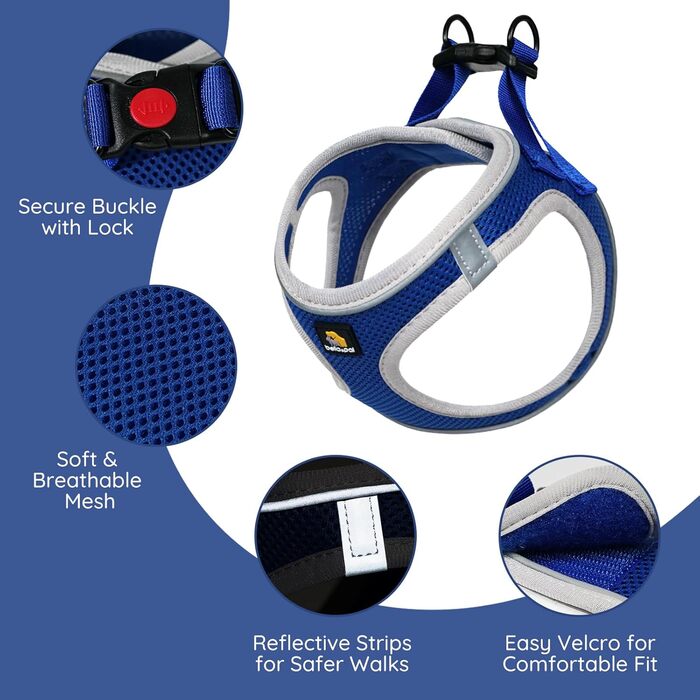 Шлейка для собак BELLA & PAL для маленьких собак з повідком, Step-in шлейка з Air Mesh, анти-тяга, світловідбиваюча, дихаюча, для цуценят, для котів, S (XXS (28-30см обхват грудей), синій & сірий)