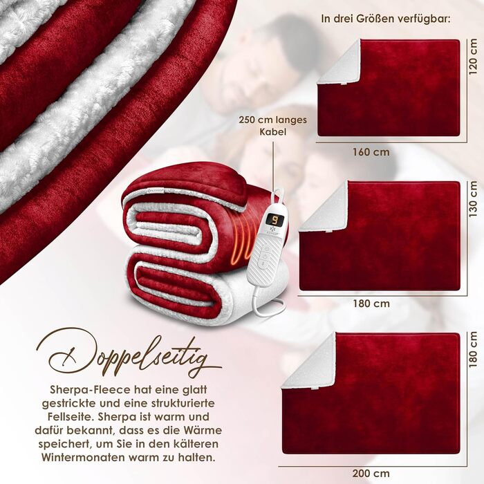 Електрична ковдра KESSER® з автовимкненням 200x180 см двостороння | Ковдра для ліжка, дивана | 9 температурних режимів | Пральна до 40°C | з таймером, цифровим дисплеєм, Бордовий колір
