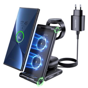Бездротова зарядка MANKIW 3-в-1 для Samsung Galaxy: S25/S24/S23/S22/S21/S20, Z Fold 6/5/4/3, Watch 7/6/5/4/3/Active, Buds+/2/Pro/Live (Чорний)