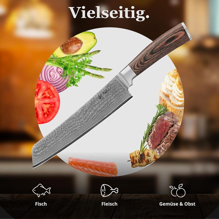 Кухонний ніж Wakoli EDIB Bunka з дамаської сталі (серцевина VG10), 20 см - гострий та ергономічний. Ніж з ручкою з паккавуду в подарунковій коробці. Кухонний ніж для професійних та аматорських кухарів. Без гравіювання