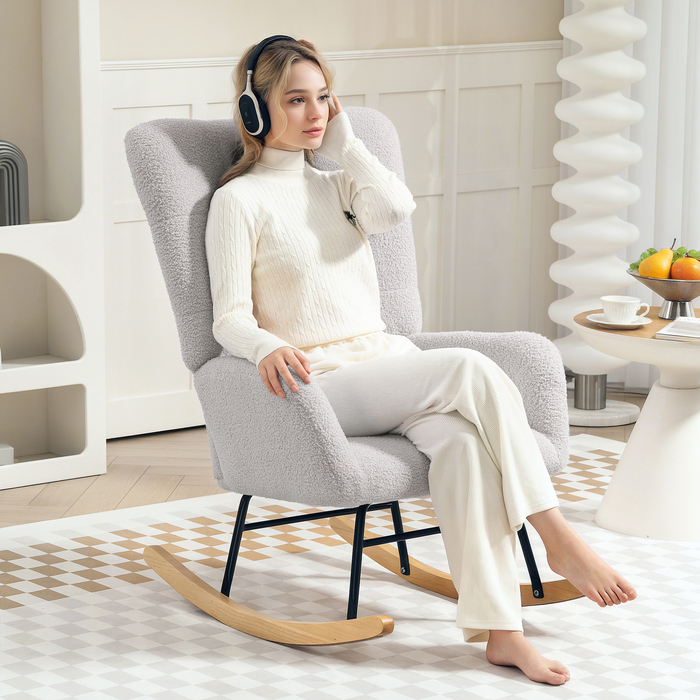 HOMCOM Rocking Chair, Rocking Armchair with Armrests, Teddy Velvet-Look, Relaxing Chair with Wooden Skids, Swivel Chair Silent Chair for Bedroom, Living Room, Light Grey | Aosom