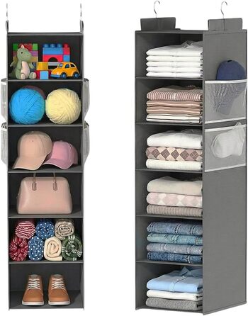 Організатор для шафи Extra Tief – 4 кишеньки з сітки, органайзер для шафи, настінний органайзер, стабільний та економний, ідеальний для гуртожитку та автодому (Сірий, 6-ярусний)