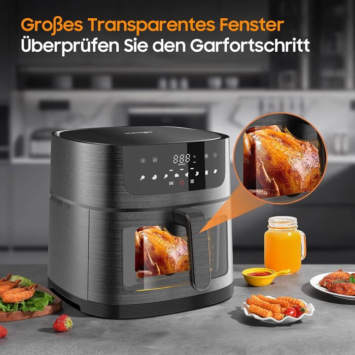 Iceagle Hot Air Fryer XXL Air Fryer 9L - Hot Air Fryer with Large Viewing Window | Oil-Free Air Fryer with Digital LED Touchscreen, 8 Programs, Shake Mode, 1800W, 9L Recipe Book with Window