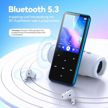 MP3-плеєр AGPTEK 64GB Bluetooth 5.3 з TFT екраном, FM-радіо, підтримкою до 128GB, функцією запису та E-Book (синій)
