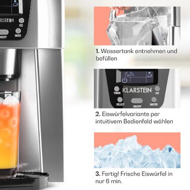 Машина для приготування льоду Klarstein Eiswürfelmaschine Klein, 2 л, з дозатором води, для 12 кг льоду, швидка, з сигналом, пластик, срібло