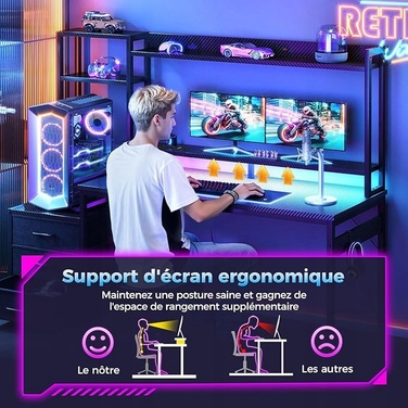 Ігровий стіл з шухлядами, полицею, розетками та LED-підсвіткою, 120x48 см