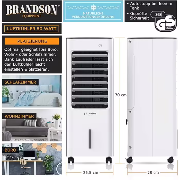 Brandson - Mobile Air Cooler with Water Cooling - 2024 Award Winner - Evaporative Cooler without Exhaust Hose - Humidifier Fan Standing Fan - Quiet - 5L - Used like new A: Type 1
