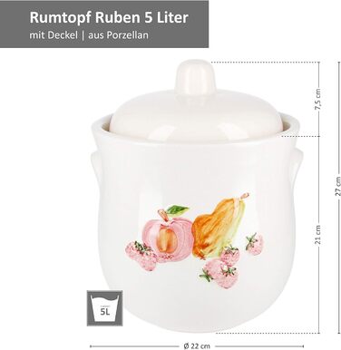 Порцелянова банка MamboCat Ruben 5 л з кришкою та фруктовим малюнком, біла, багатофункціональна для ромової настоянки, овочів, квашення, кімчі, зберігання продуктів