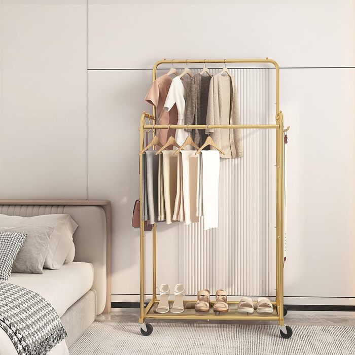 Clothes rack with double bar, sturdy clothes rack on wheels for hanging clothes, with 4 hooks, gold