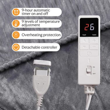 Електрична ковдра з автовимкненням 130x180 см – 9 рівнів нагріву, таймер, захист від перегріву, чорна