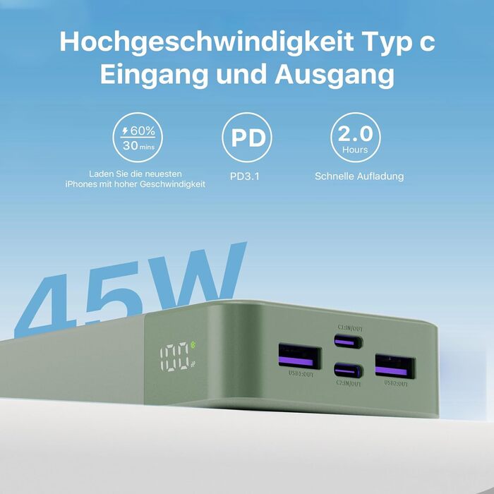 Power Bank JUOVI J2621, 20000mAh, 45W, для Switch, MacBook, iPhone, Samsung, Steam Deck
