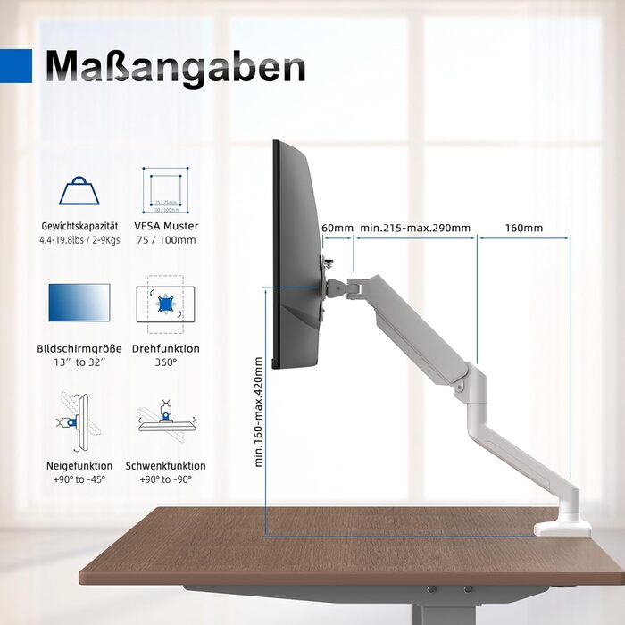 Кріплення для монітора GRIFEMA, 13-32 дюйми, регульоване, поворотне, до 9 кг, VESA 75x75/100x100, білий