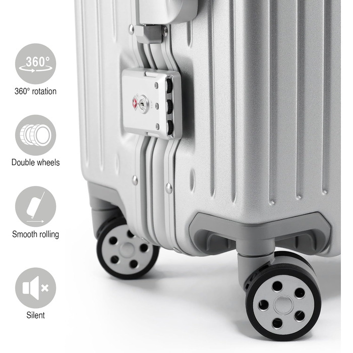 KOFA Zurich: Набір валіз 2 шт. (M-55см, XL-75см), алюмінієвий каркас, полікарбонатний корпус, ручна/здійснювана, спіннер з 4 колесами, TSA-замок, 35л + 94л (срібний)