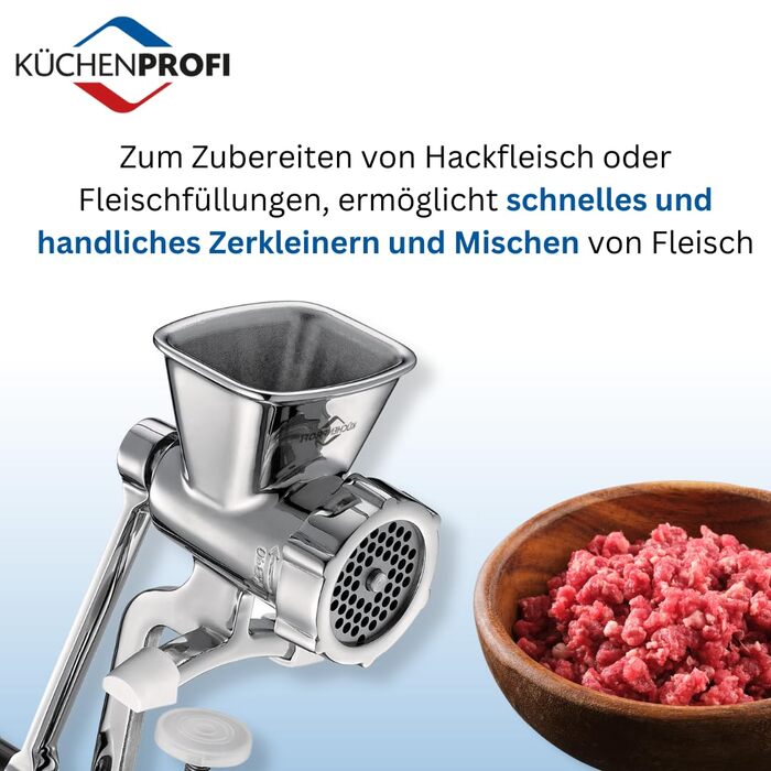 М'ясорубка ручна Küchenprofi SOLIDO з нержавіючої сталі, 3 диски, насадка для печива