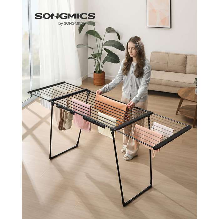 SONGMICS Сушарка для білизни, металева, 52.5 x 173 x 96.5 см, з крилами, для одягу, рушників, шкарпеток, чорна (LLR518G01)