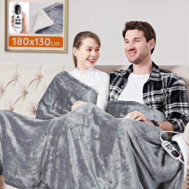 Електрична ковдра Mia&Coco з автовимкненням 180x130 см, 10 рівнів нагріву, таймер 9 годин, захист від перегріву, машинне прання, фланель, для ліжка, дивану та вітальні, сіра 130x180 см