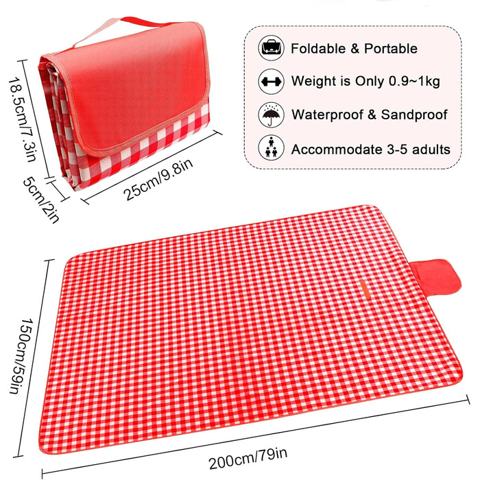 Плед для пікніка LIVEHITOP водонепроникний XXL, великий пляжний плед, складаний килимок для пікніка з ручкою для транспортування, для кемпінгу, парку, барбекю (150 x 200 см, червоно-клітинчастий)