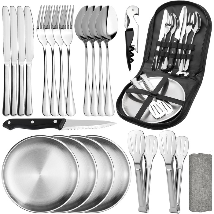 Набір посуду для кемпінгу на 4 особи, 22 шт. Посуд для відпочинку на природі, столові прибори (ложки, виделки, ножі), фіксатори для тарілок, серветки для миття. Ідеально для пікніків та подорожей.