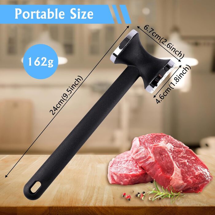 Топчик для відбивання м'яса Deepton з цинкової сплави, 24 см, двосторонній, з неслизькою ручкою, срібного кольору. Ідеально для відбивання шніцелів, яловичини, курки.