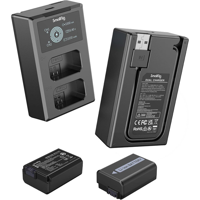 SMALLRIG Запасні акумулятори для Sony NP-FW50 (2 шт.) з LCD-дисплеєм та зарядним пристроєм. Сумісні з Sony ZV-E10, A6300, A6400, A6500, A7 II, A7R II, A7S, A7S II, A7R, RX10 III