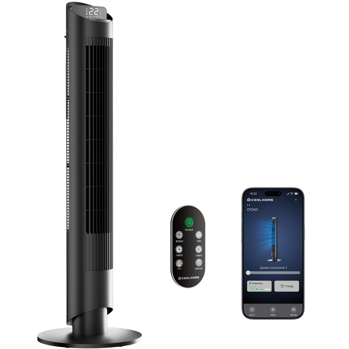 Турбовентилятор CF2401 з пультом керування та додатком: тихий підлоговий вентилятор з таймером та LED-підсвіткою, дитяча безпека, чорний, 102 см