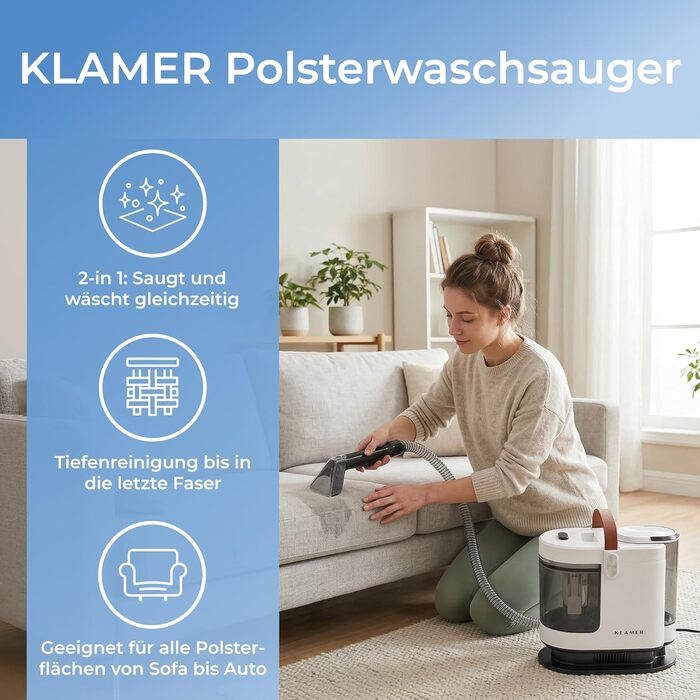 KLAMER Пилосос миючий для м'яких меблів та килимів 500W, 2-баковий, 1.6л, 15 кПа, з функцією самоочищення