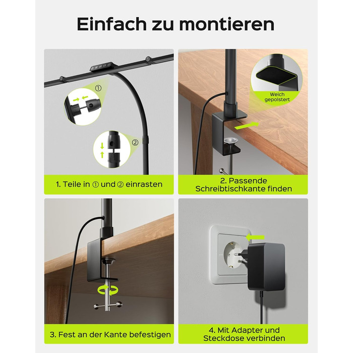 LED лампа настільна Jackyled з 3 регульованими головками, диммер, пульт, для монітора, офісу, майстерні, 5 рівнів яскравості та кольорових температур