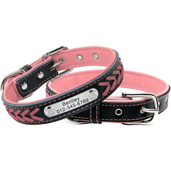 Шкіряний нашийник для собак та котів Berry з регулюванням та іменником, Rosa (L: 37-47 см)