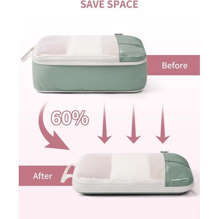 Набір органайзерів для валізи Narwey (6 шт.) - кубики для пакування з компресією, бежевий. Організація подорожей та зручне пакування речей.