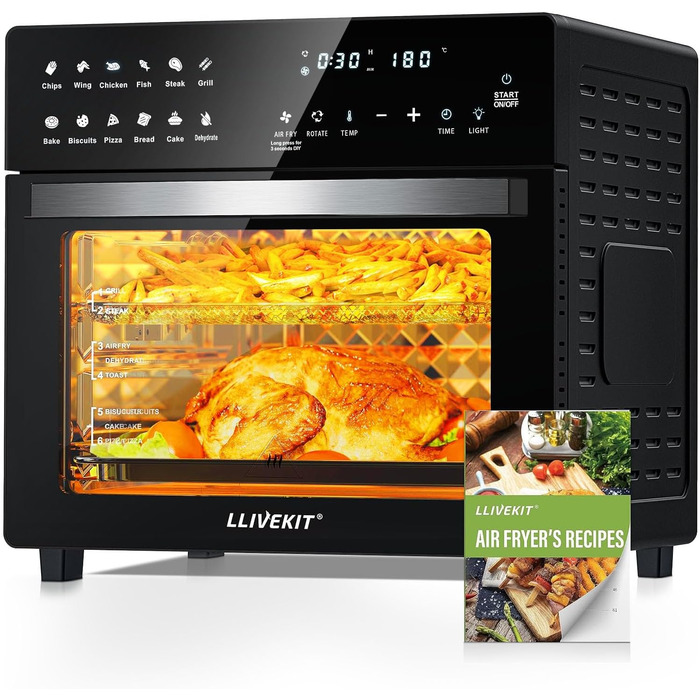 Електрична аерофритюрниця та міні-піч LLIVEKIT 26 л, 1700 Вт, 12 програм, з LED-дисплеєм, функціями попереднього нагріву, підтримки тепла та розігріву, з кулінарною книгою, чорна