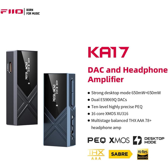FiiO KA17 Портативний USB DAC Аудіо Hi-Fi Декодер, Dual ES9069Q PCM768 DSD512 3,5/4,4 мм Вихід для Android iOS Mac Win10 (Чорний)