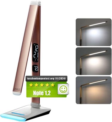 LED лампа Eaxus® для робочого столу 12 Вт з RGB підсвічуванням - регульована настільна лампа 500 lm, сенсорне управління, годинник, календар та індикатор температури, офісна лампа, аксесуари для столу, мідного кольору