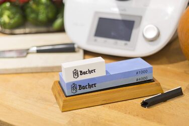 Преміум точильний камінь Bacher Schleifstein. Двостороння точилка з зернистістю 400/1000 для ножів. З антиковзким бамбуковим блоком, інструкцією та допоміжним інструментом.