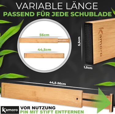 Kamoro Drawer Dividers made of natural bamboo [Set of 4] - With feather for secure hold and furniture-friendly ends - Adjustable drawer organizer between 44 and 56 cm - (Large, Natural)