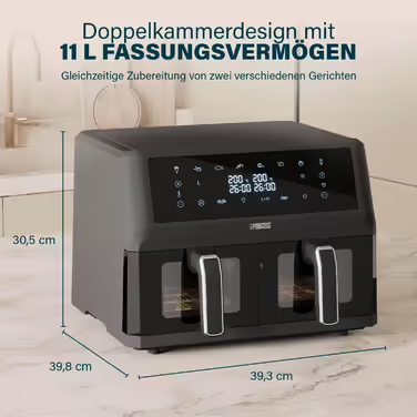Princess Double Basket Air Fryer - 2 Compartments - 11 L - BPA- and PFAS-free - Sync Function - 8 Programs - Viewing Window - 2400 W - 182276 DOUBLE CHAMBER 2x5.5L