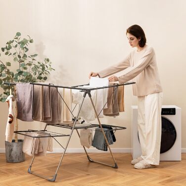 Стійка для сушіння білизни HOMASIS, розкладна, з 2 крилами, регульована, 6 рівнів, з вішалкою для білизни, прищіпками та полицею для взуття, для балкону (Білий/Чорний)