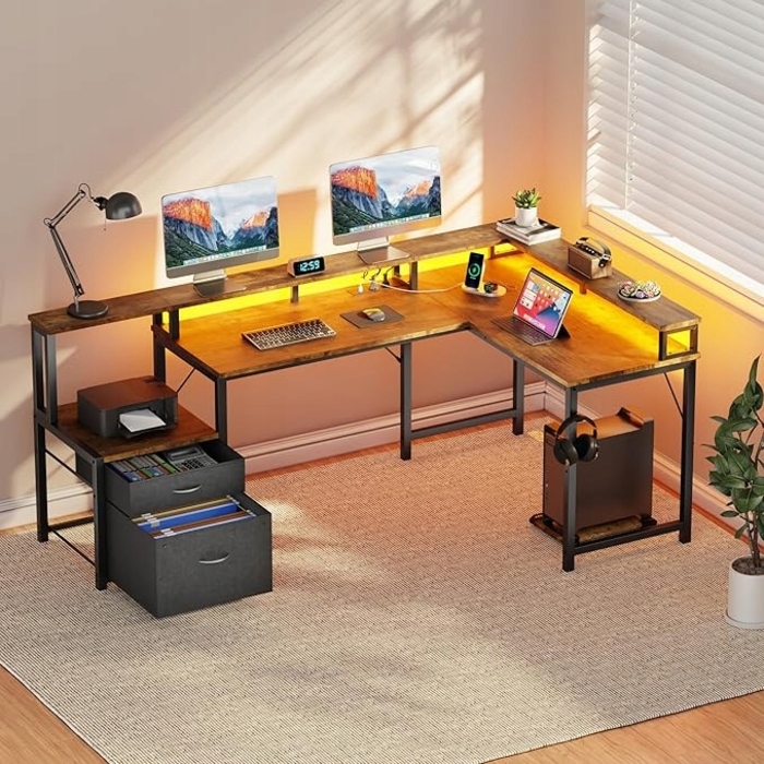 Великий кутовий ігровий стіл у формі L з LED-підсвіткою та полицею, 168x100 см