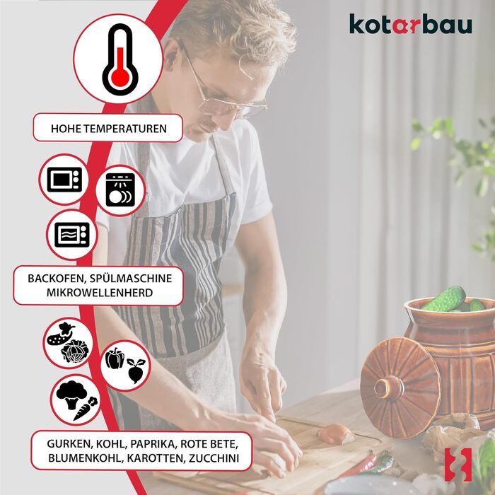 Керамічний глечик KOTARBAU 3,7 л для квашення, бурий, з кришкою, для огірків та квашеної капусти, з кам'яної кераміки