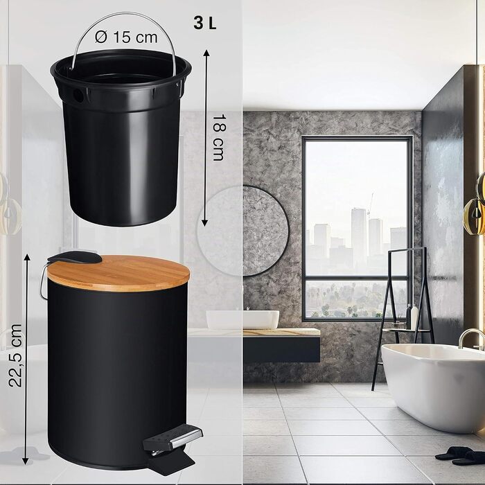 Смітник для косметики VMbathrooms з педаллю та бамбуковою кришкою, 3 л, Soft-Close, чорний — для ванної кімнати та туалету