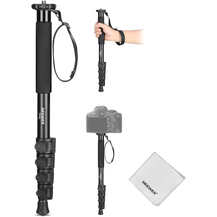NEEWER Монопод 155см для камери, монопод для відеозйомки, монопод з алюмінію, 1/4' 3/8' адаптер, для DSLR/Camcorder, професійний аксесуар, вантажопідйомність 8кг, TP41 з мікрофіброю