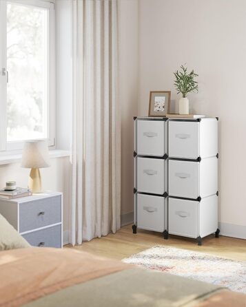 SONGMICS Cube Shelf with 6 Boxes, Shelving System, Storage Shelf with 6 Cubes, DIY, Expandable, Space-Saving, Bedroom, White LPC062W06