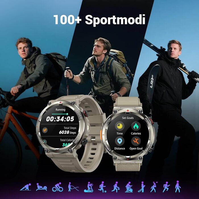 Смарт-годинник Blackview Khaki: IP68, 100 днів роботи, компас, Bluetooth-дзвінки, моніторинг серця та сну, 100+ спортивних режимів, сумісний з Android/iOS