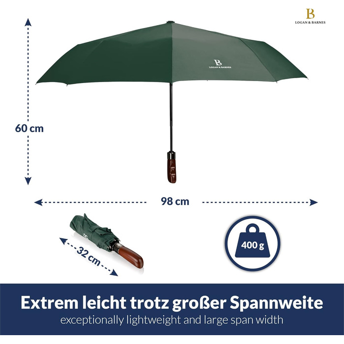 Зонт LOGAN & BARNES Dublin: штормовий, з дерев'яною ручкою, тефлонове покриття, темно-зелений