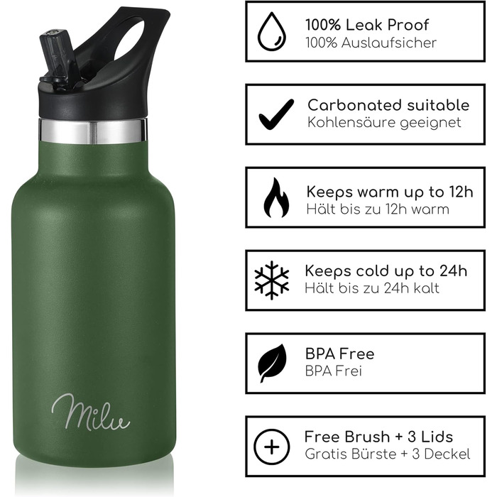 Фляга з нержавіючої сталі Milu 350/500/750/1000 мл (+3 кришки) з трубочкою, термос, ізольована пляшка для води, дитяча, доросла, для подорожей, без витоку (оливковий, 350 мл)