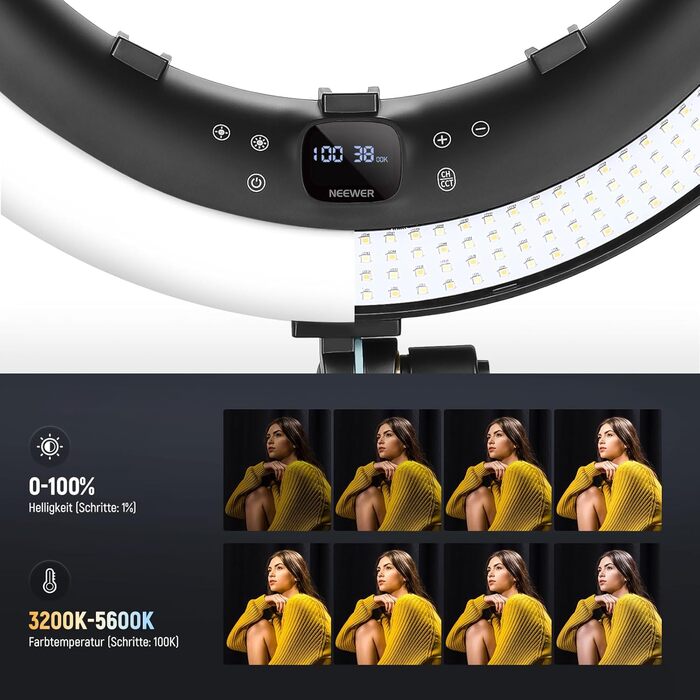 NEEWER Ringlicht RP19H 19 дюймів з триподом та 3 тримачами для телефону, дистанційне керування 2.4G, плавне регулювання яскравості, LCD та сенсорне керування, 42W CRI 97+ 2540 Lux, для стрімінгу, дому, офісу, Zoom, освітлення, кільцева лампа з пусковим пр